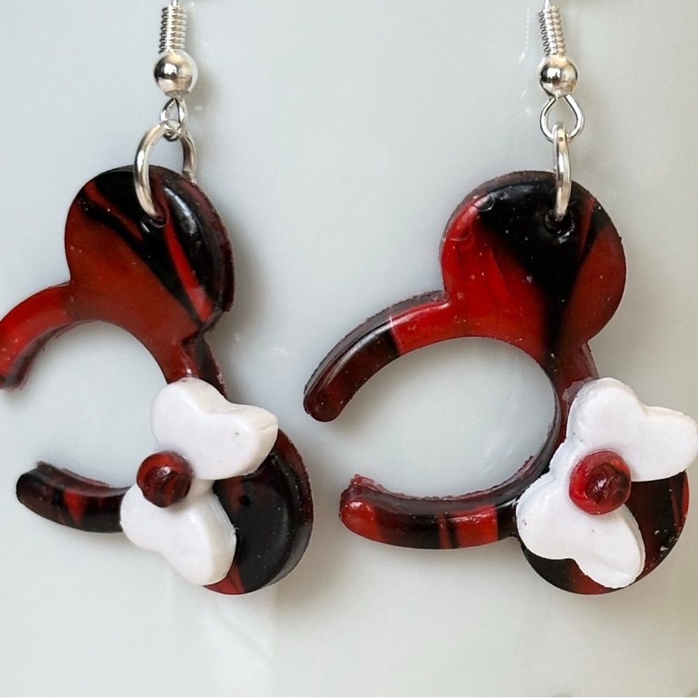 Red and Black Mickey Mouse Earrings with White Flower polymer clay